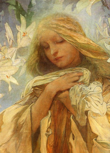 madonna of the lilies by alphonse mucha